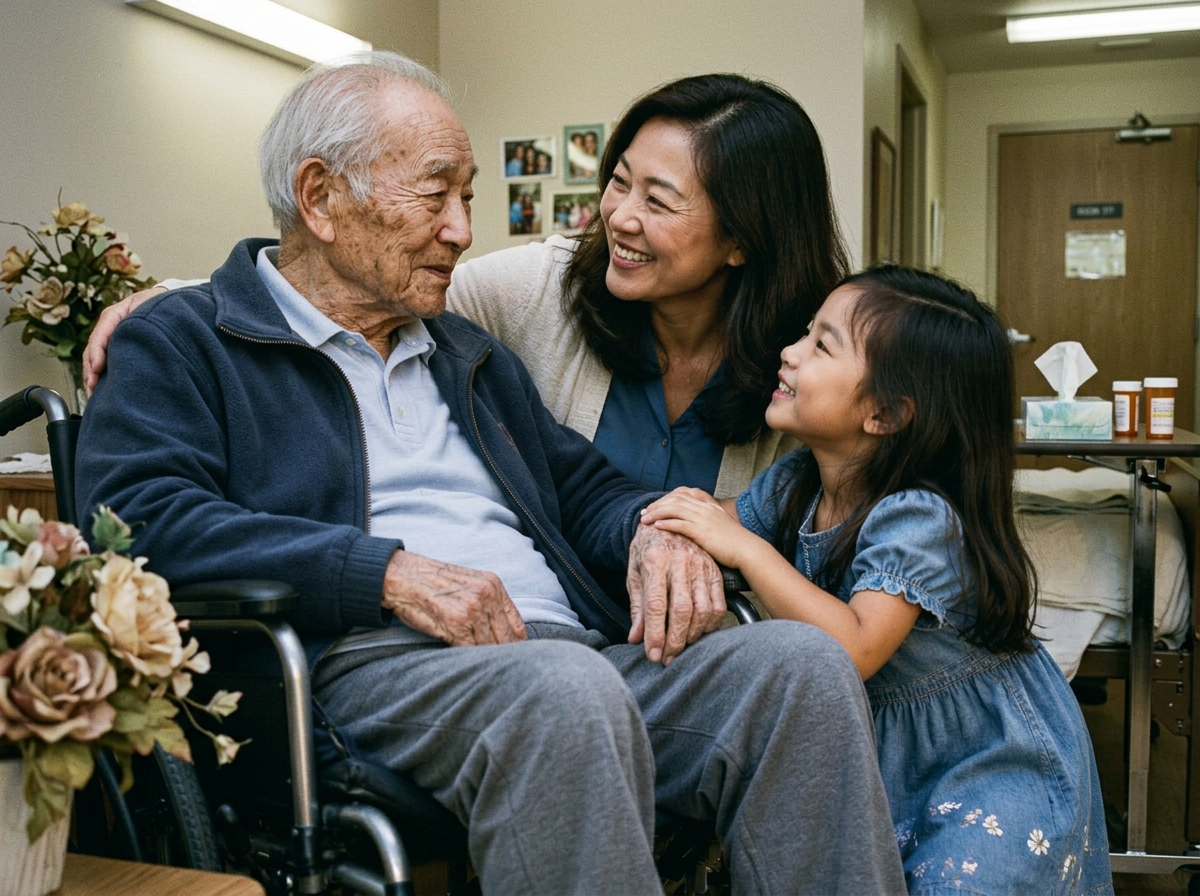 An Asian American grandfather, daughter, and granddaughter enjoying time together